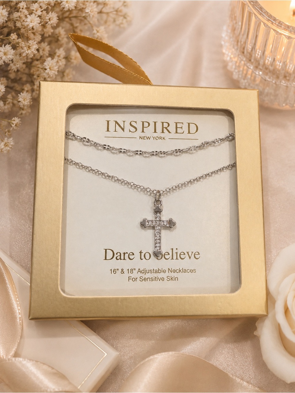 Inspired New York Silver Cross Necklace Set - 'Dare to Believe' Cz bling gift